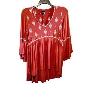 Torrid Rust Red Embroidered Diamond Pattern Babydoll Tunic Top Size 00